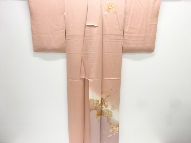  和田光正作　箔置き霞取りに唐花・花喰い鳥模様訪問着